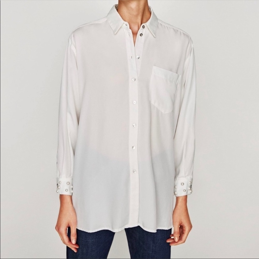 NWT Zara Lyocell Pearl Cuff Button Down Shirt M